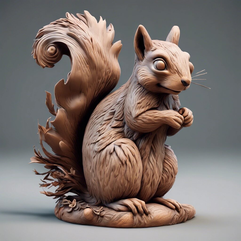A 3D clay sculpture of a whimsical squirrel with intricate textures and details, realistic, in 8k resolution
